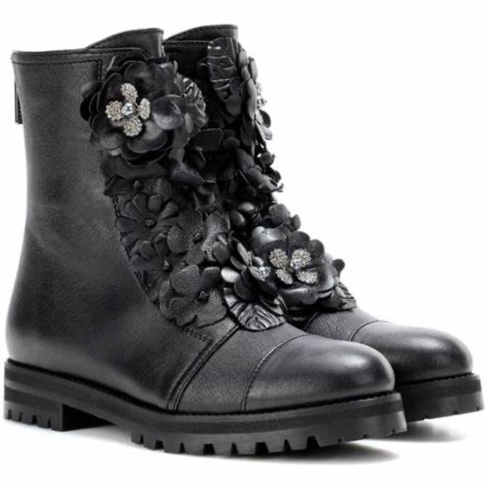 Jimmy Choo Havana Floral Combat Boots with Crystals - Black Leather Size 37 / 7